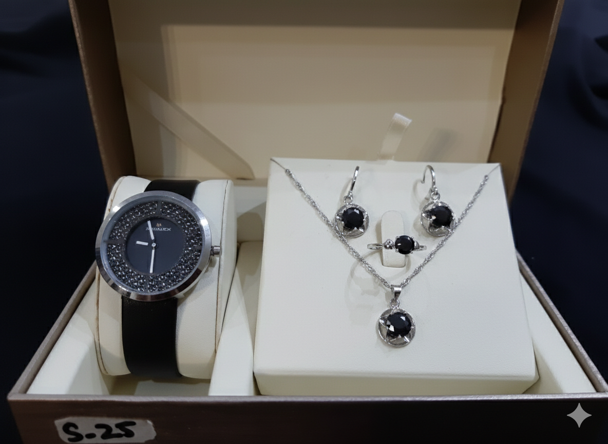 Elegant black stone silver jewelry set with necklace, earrings, ring, and wristwatch displayed in a gift box