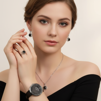 Black stone silver jewelry set for women in Pakistan including necklace, earrings, ring, and matching watch